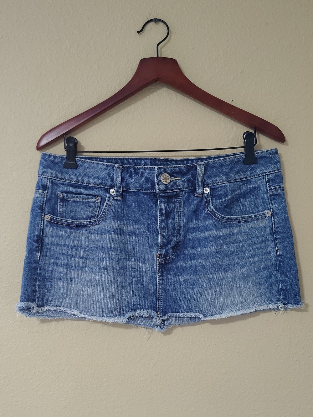 American Eagle 100% Cotton Button Fly Denim Fringe Hem Low Rise Mini Skirt Y2K